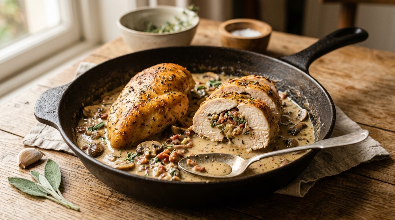 Gevulde Kipfilets met Champignonsaus
