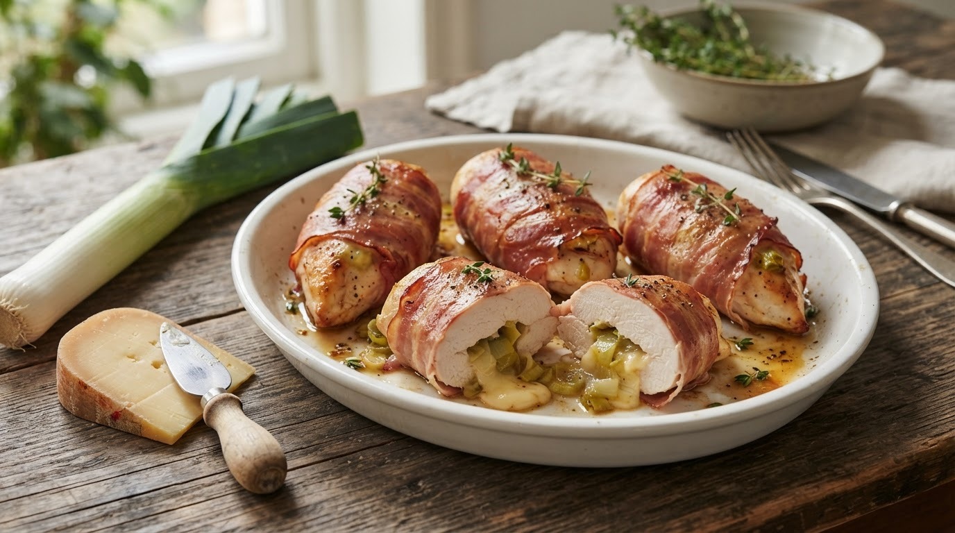 Gevulde kipfilets met prei, Parmaham en Kernhemmer kaas