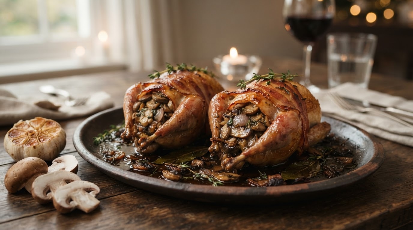 Gevulde kwartels met champignons, knoflook en ganzenleverpaté