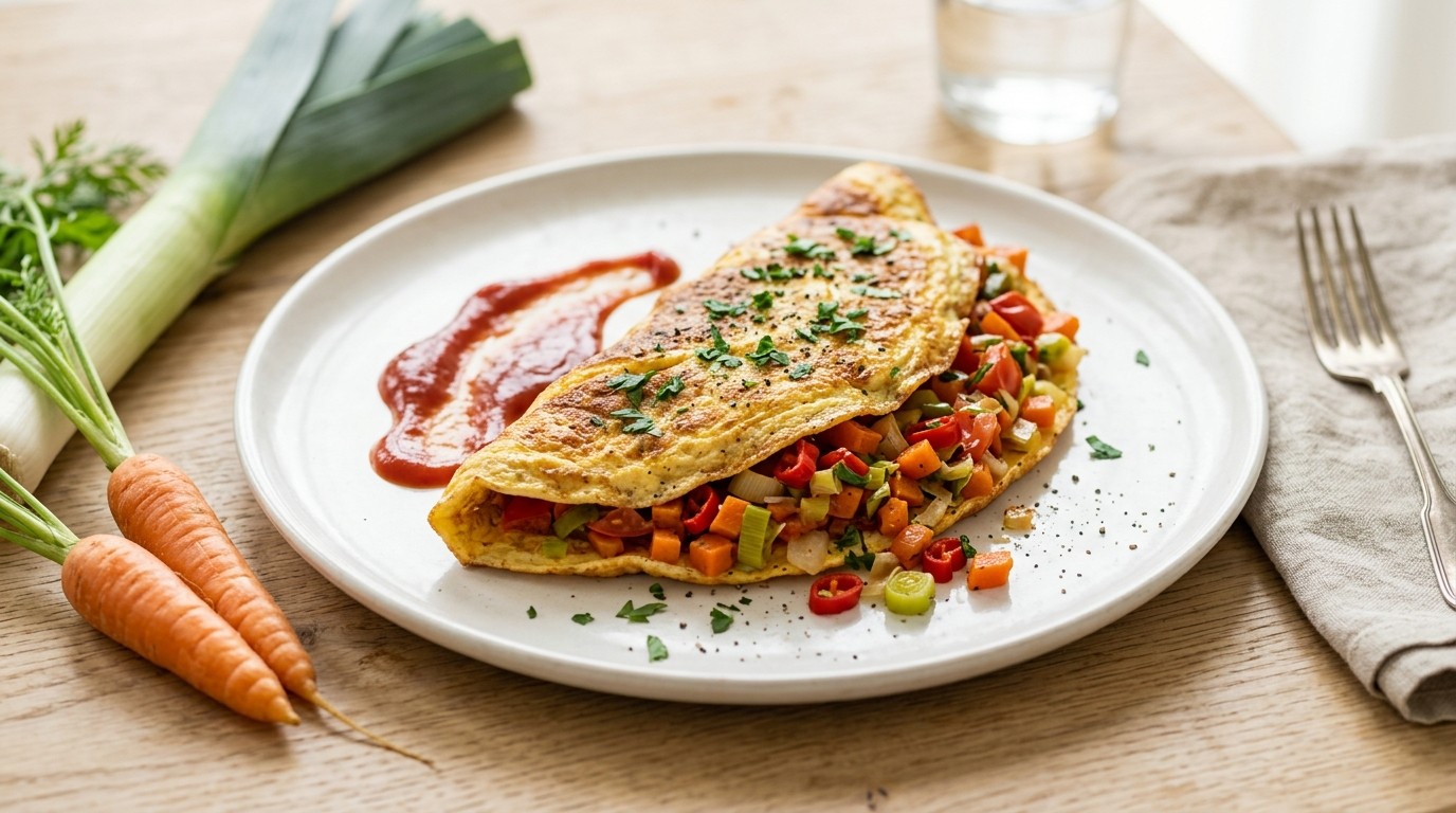 Gevulde omelet met rode peper, tomaat en wortel