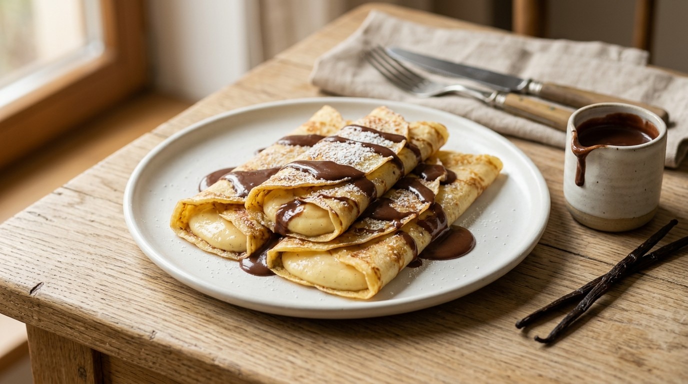Gevulde Pannekoeken met Romige Chocoladesaus