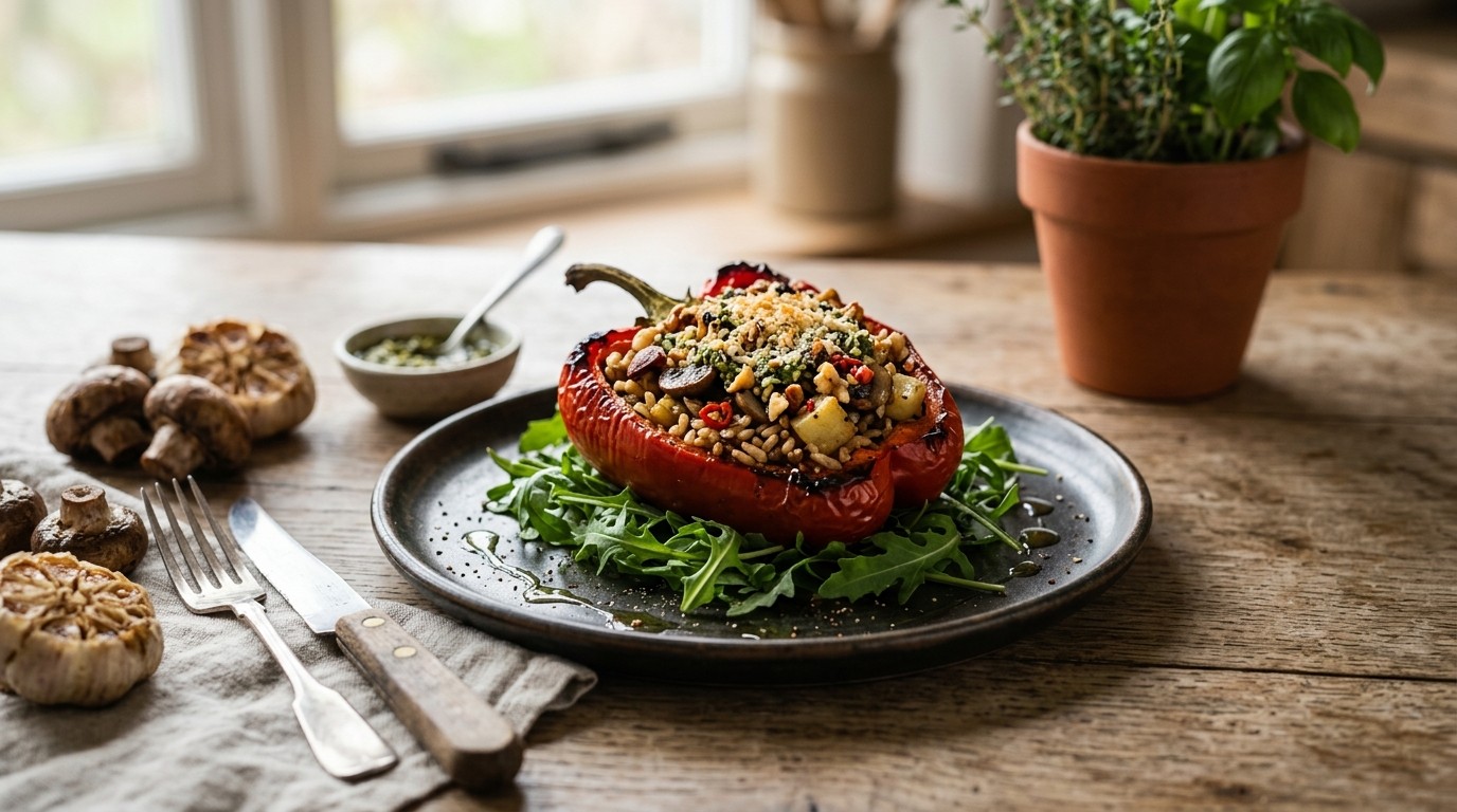 Gevulde paprika met bruine rijst, kastanje champignons, aardappel en pesto uit de oven