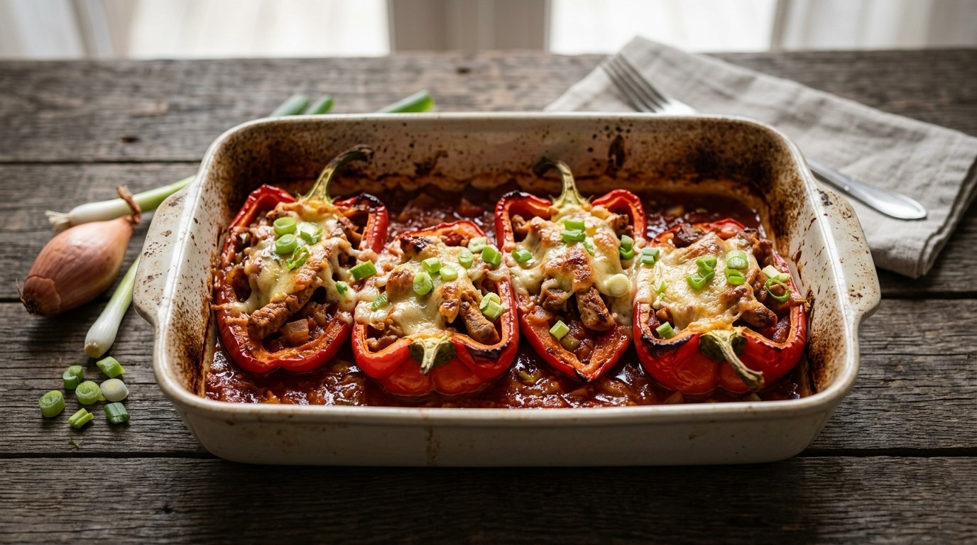 Gevulde paprika met varkensreepjes