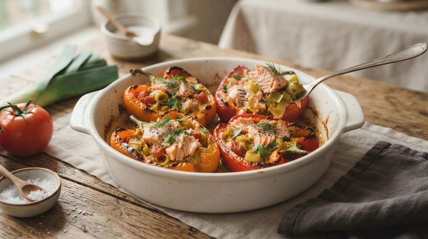Gevulde paprika met zalm, tomaat, uitjes en prei