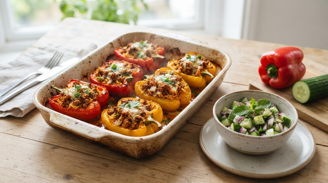 Gevulde paprika's met quorn en komkommersalade