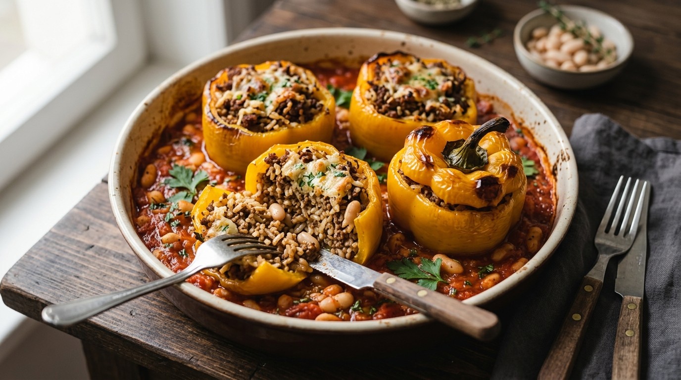 Gevulde Paprika's met Rijst, Gehakt en Witte Bonen