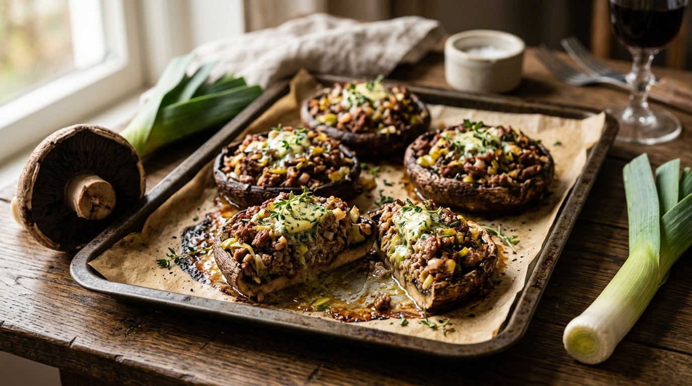 Gevulde portobello met rundergehakt, prei , sjalotjes en knoflook