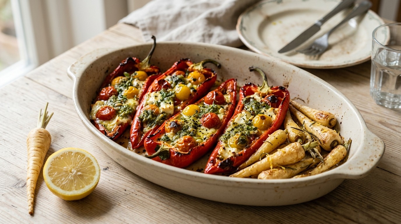 Gevulde Ramiro Paprika's met Tomaat, Feta Kaas en Pesto