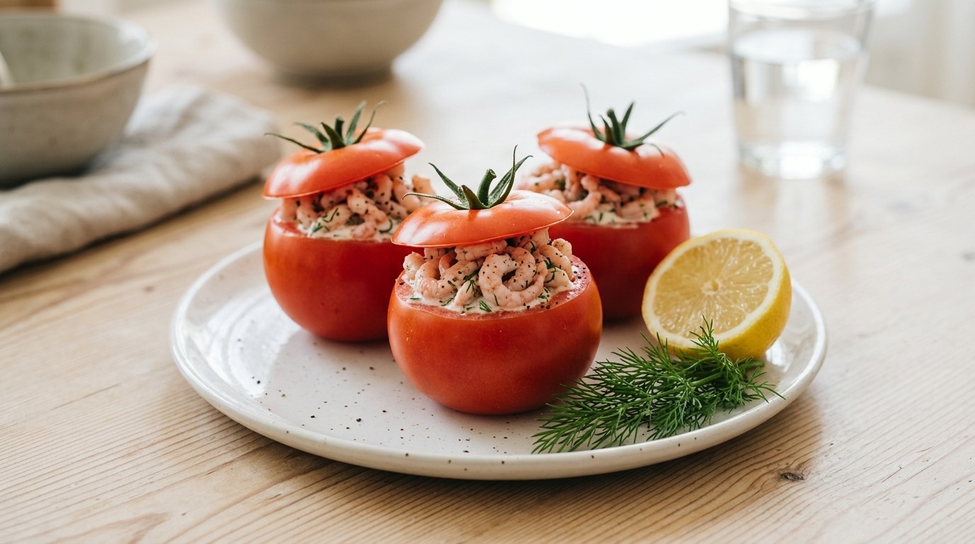 Gevulde Tomaten met Hollandse Garnalen en Zure Room