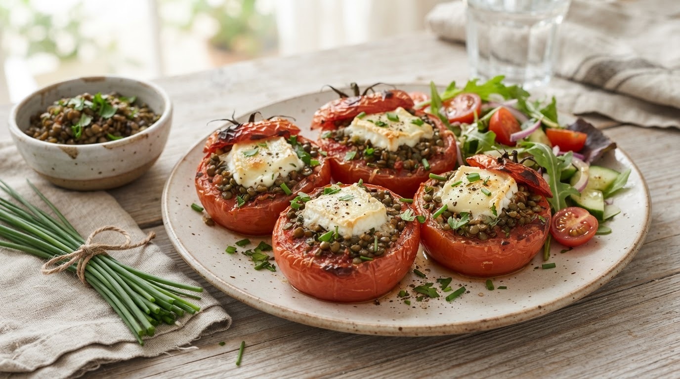 Gevulde tomaten met linzen en geitenkaas