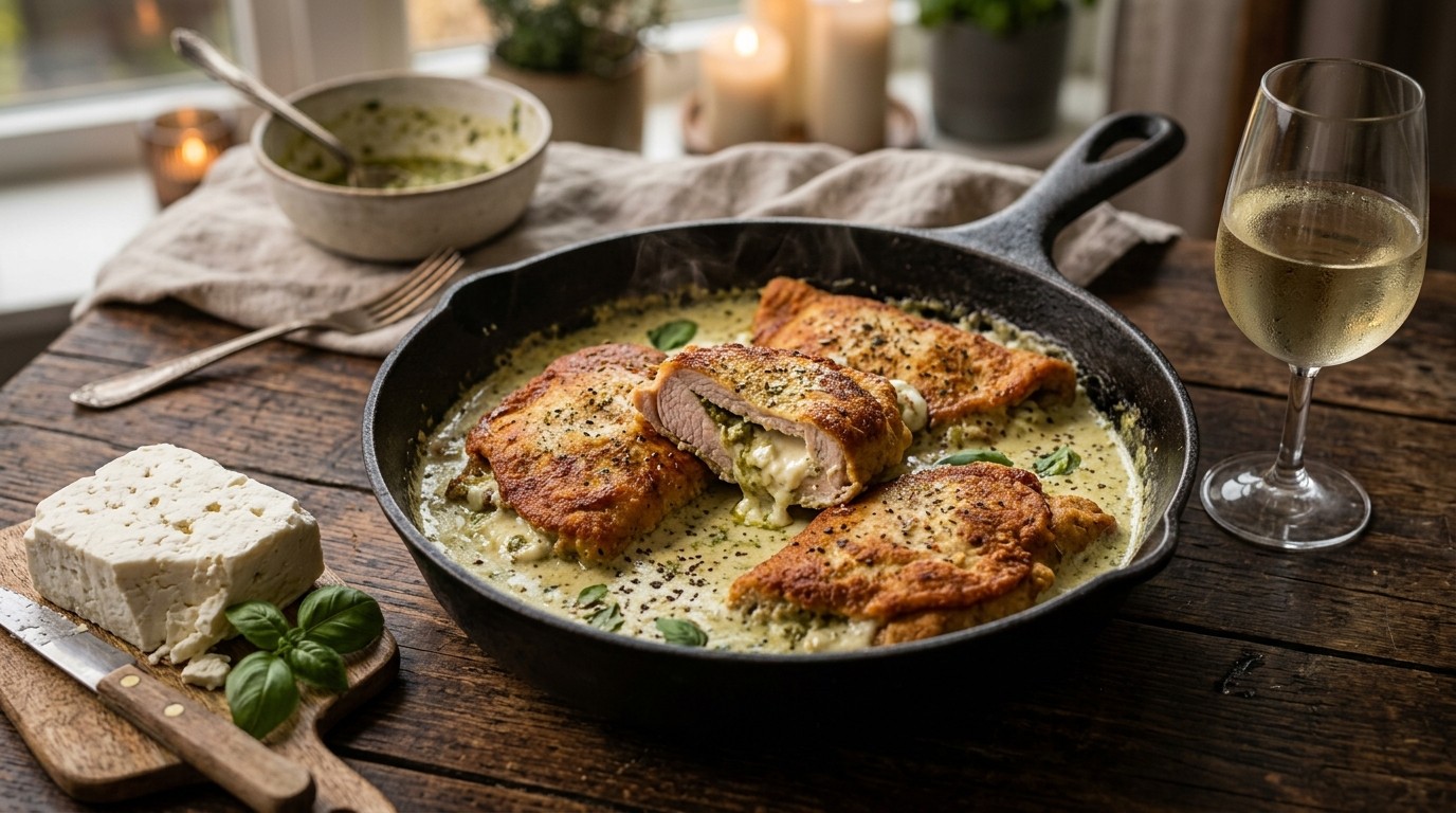 Gevulde varkensschnitzels met pestosaus