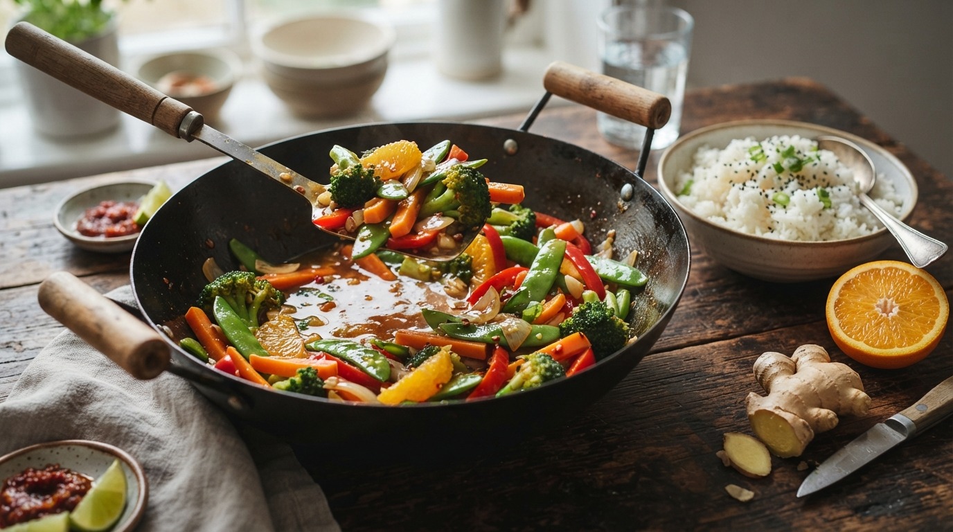 Gewokte groenten met sinaasappel-gember saus