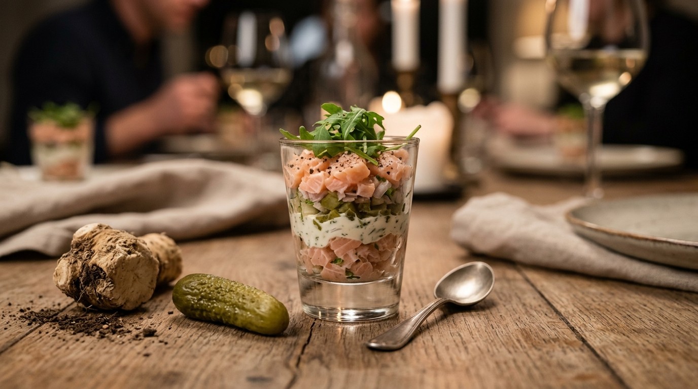 Glaasje Gevuld met Tartaar van Zalm, Augurk en Mierikswortel