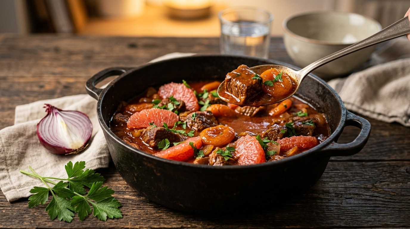 Goulash met grapefruit en abrikozen