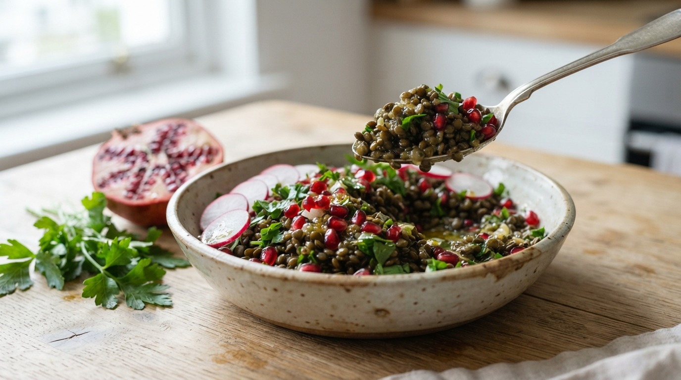 Granaatappel groene linzensalade