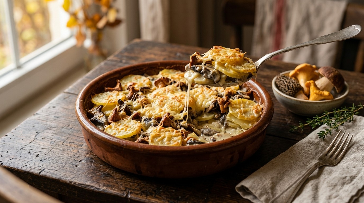 Gratin dauphinois met bospaddestoelen
