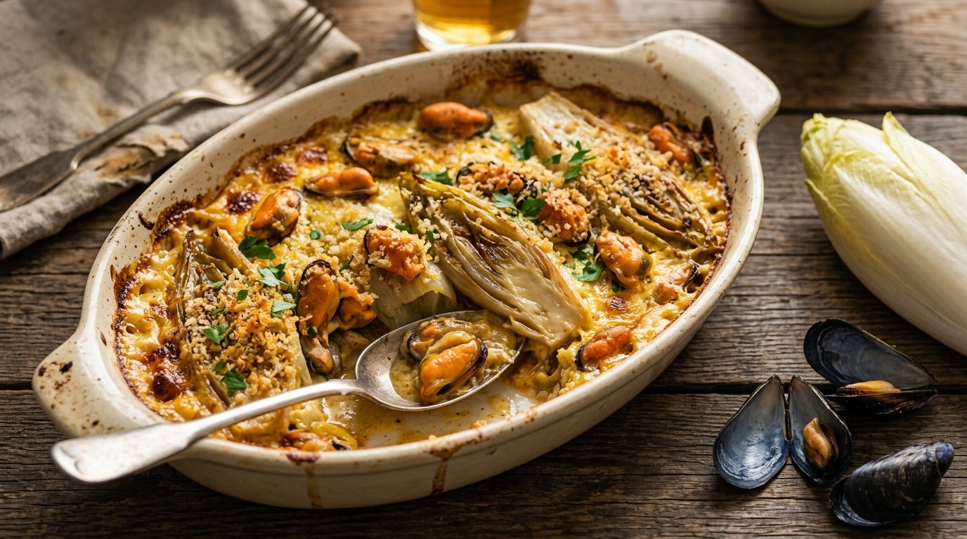 Gratin van witlof en mosselen