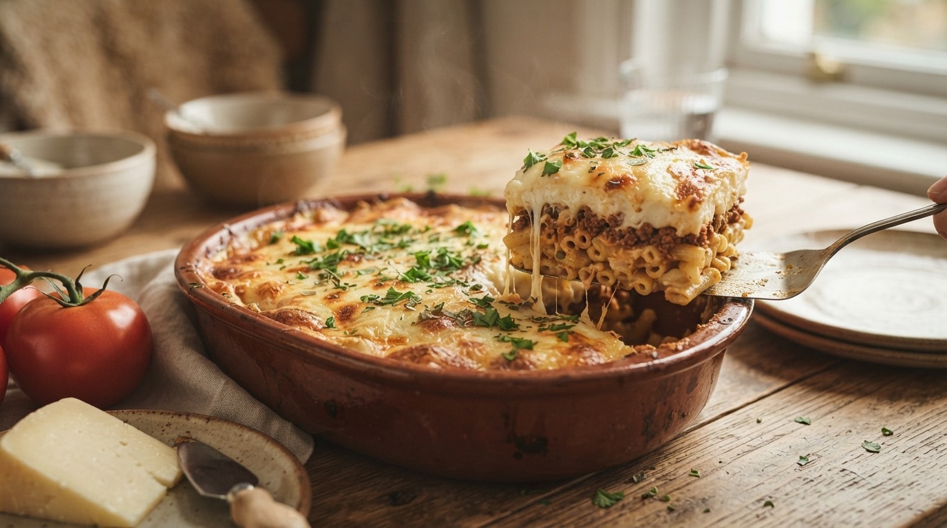 Griekse gehaktschotel met macaroni en kaas