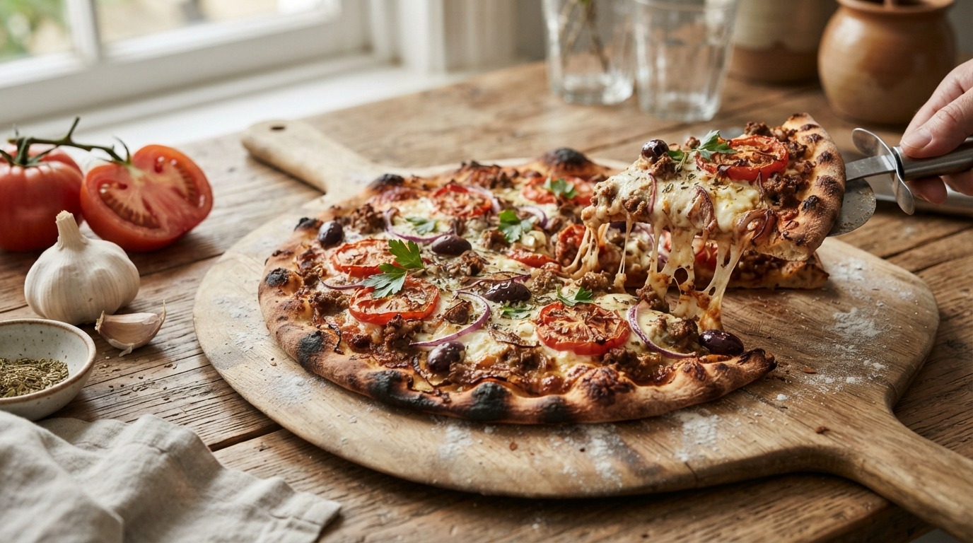 Griekse pizza met gehakt en tomaten