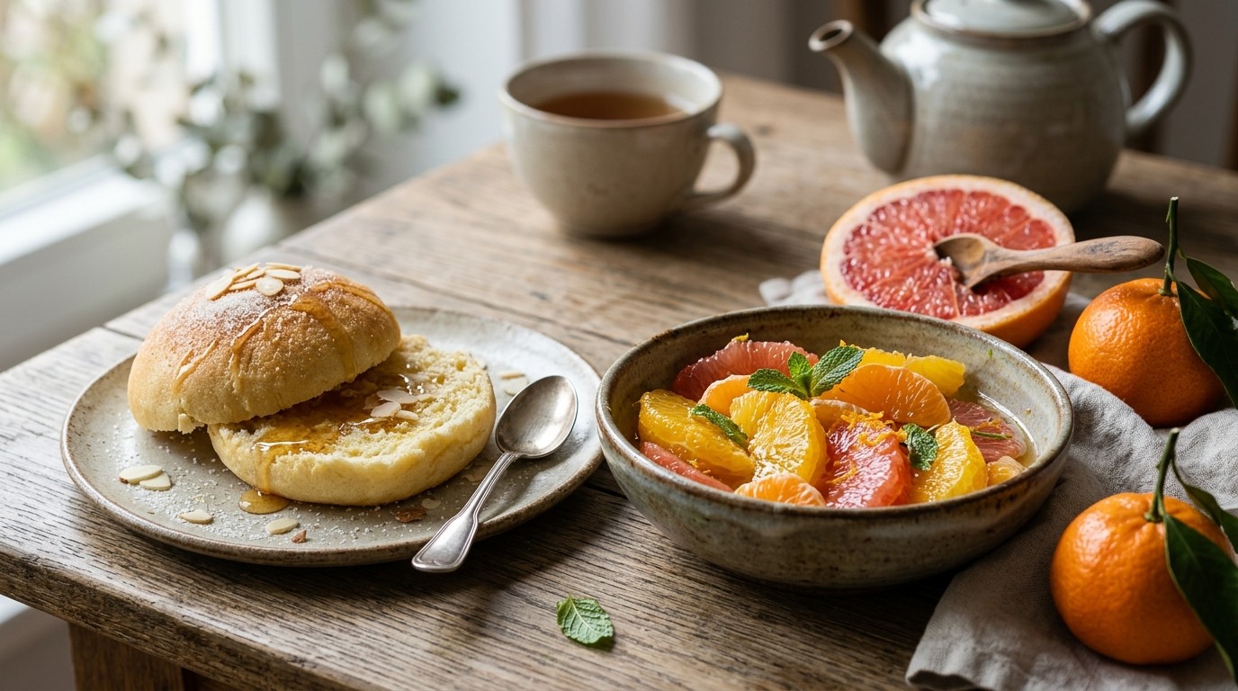 Griesmeelbroodje met citrus- fruitsalade