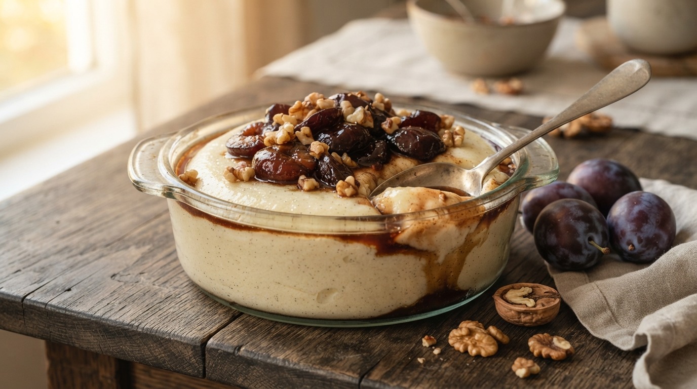 Griesmeelpudding met walnoten en kaneelpruimen