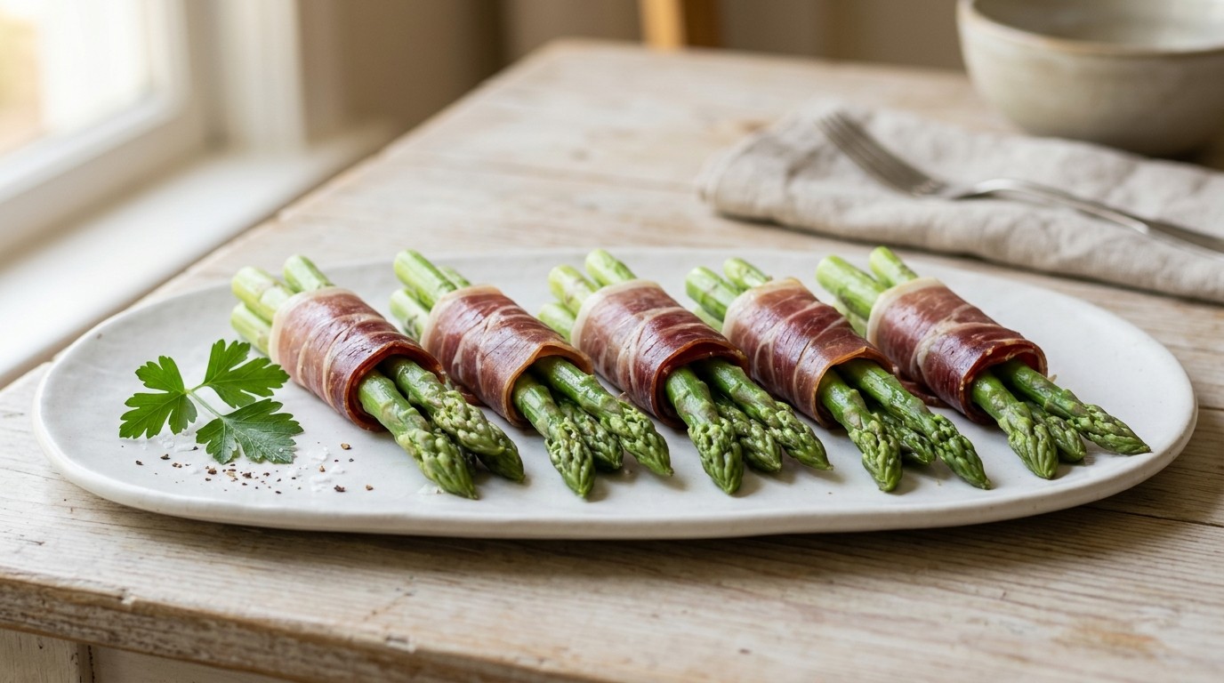 Groene asperges in rauwe ham