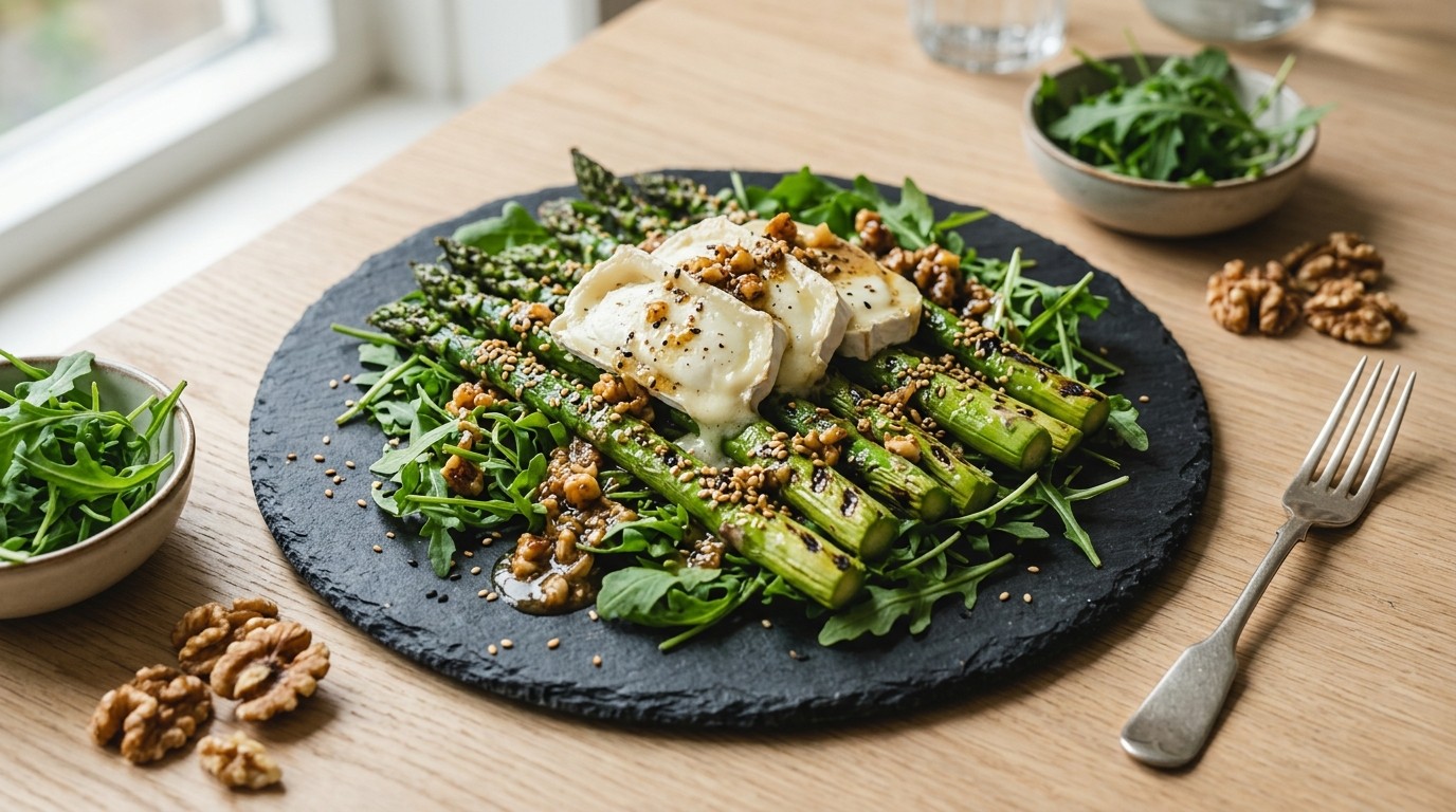 Groene asperges met sesamzaad, geitenkaas en notendressing