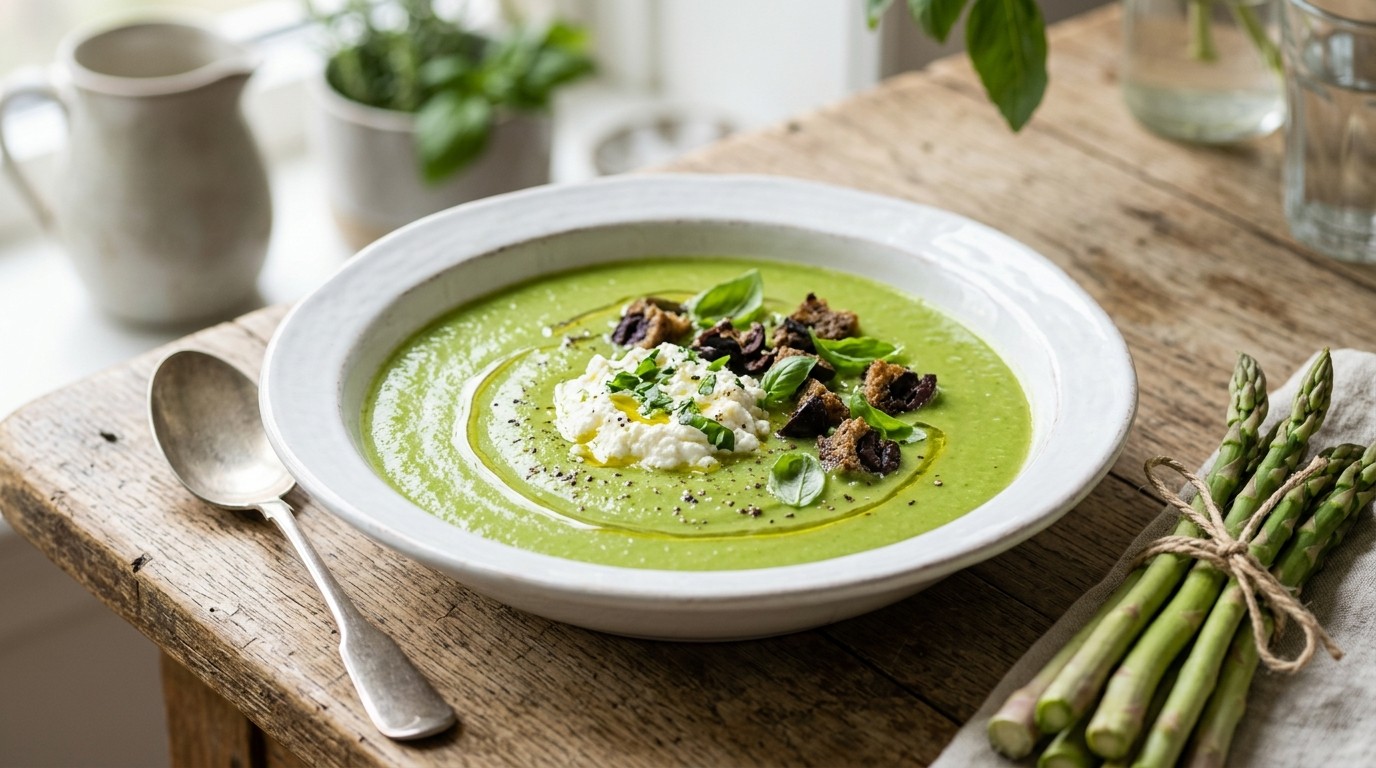 Groene aspergesoep met ricotta, basilicum en zwarte olijvencroutons