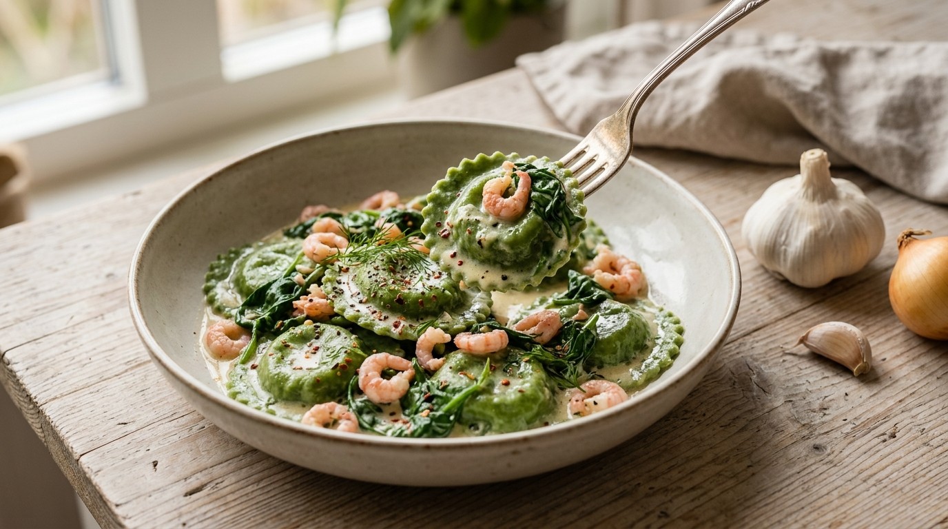 Groene Ravioli met Spinazie en Garnalen