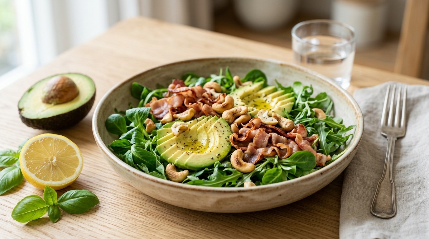 Groene salade met bacon en cashewnoten