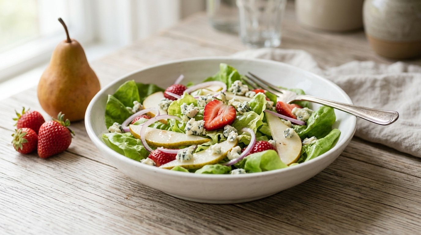 Groene salade met vruchten en kaas