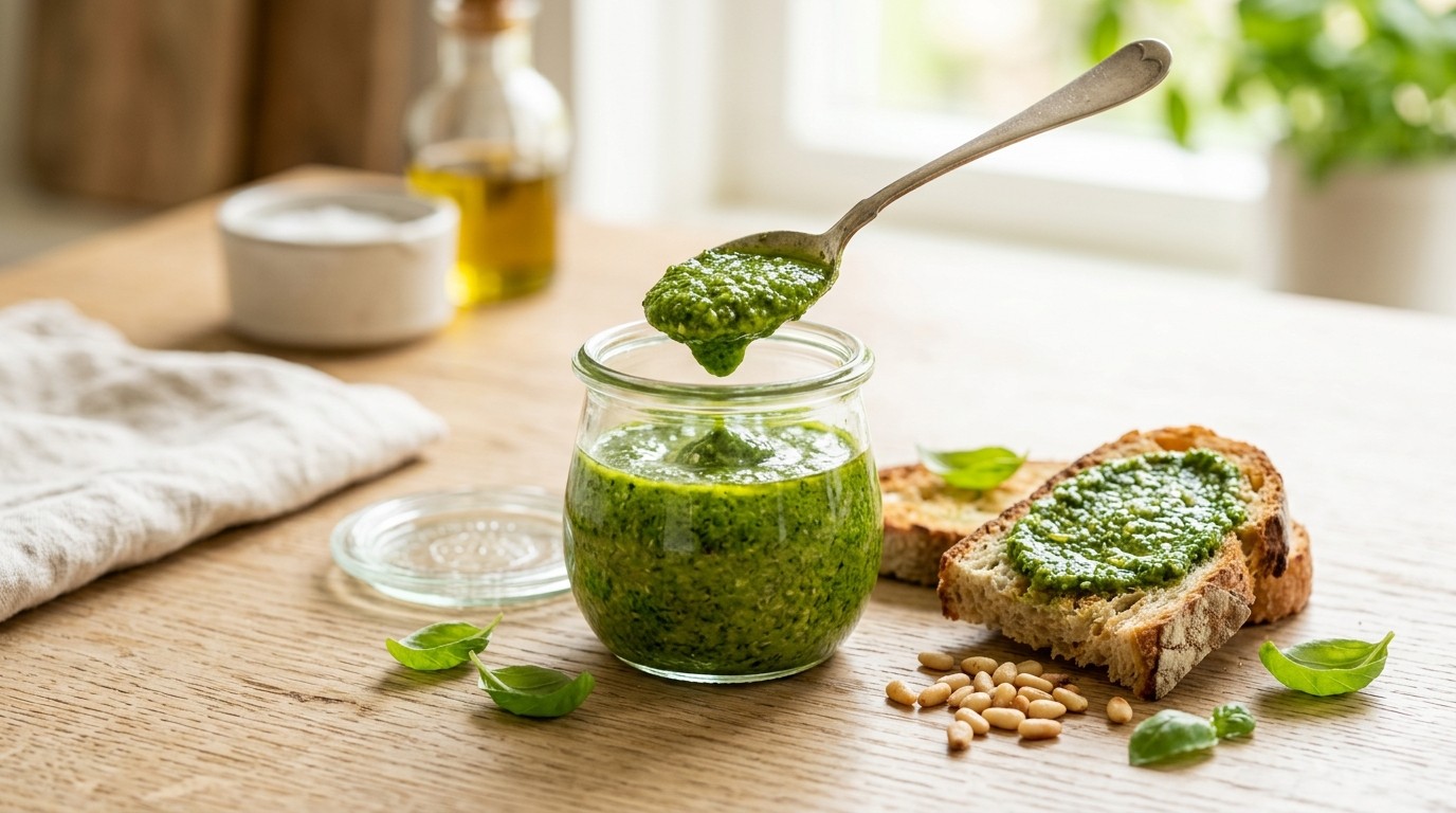 Groene saus met pijnboompitten, knoflook, basilicum en belegen kaas