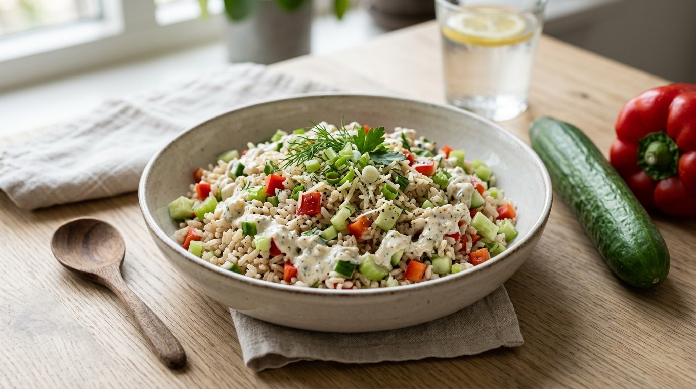 Groente-rijstsalade met Kaas-yoghurtdressing