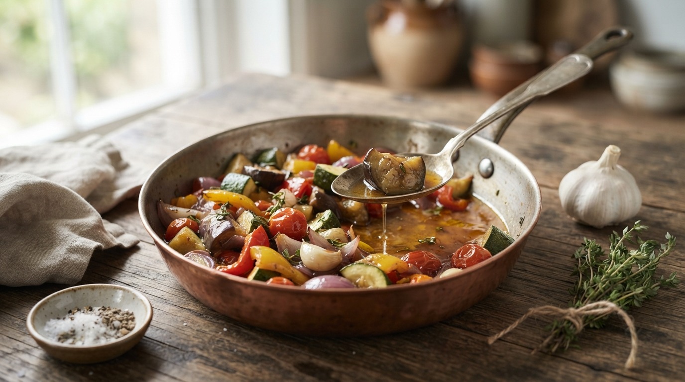 Groentemix van aubergine, courgette, rode paprika en groene olijven