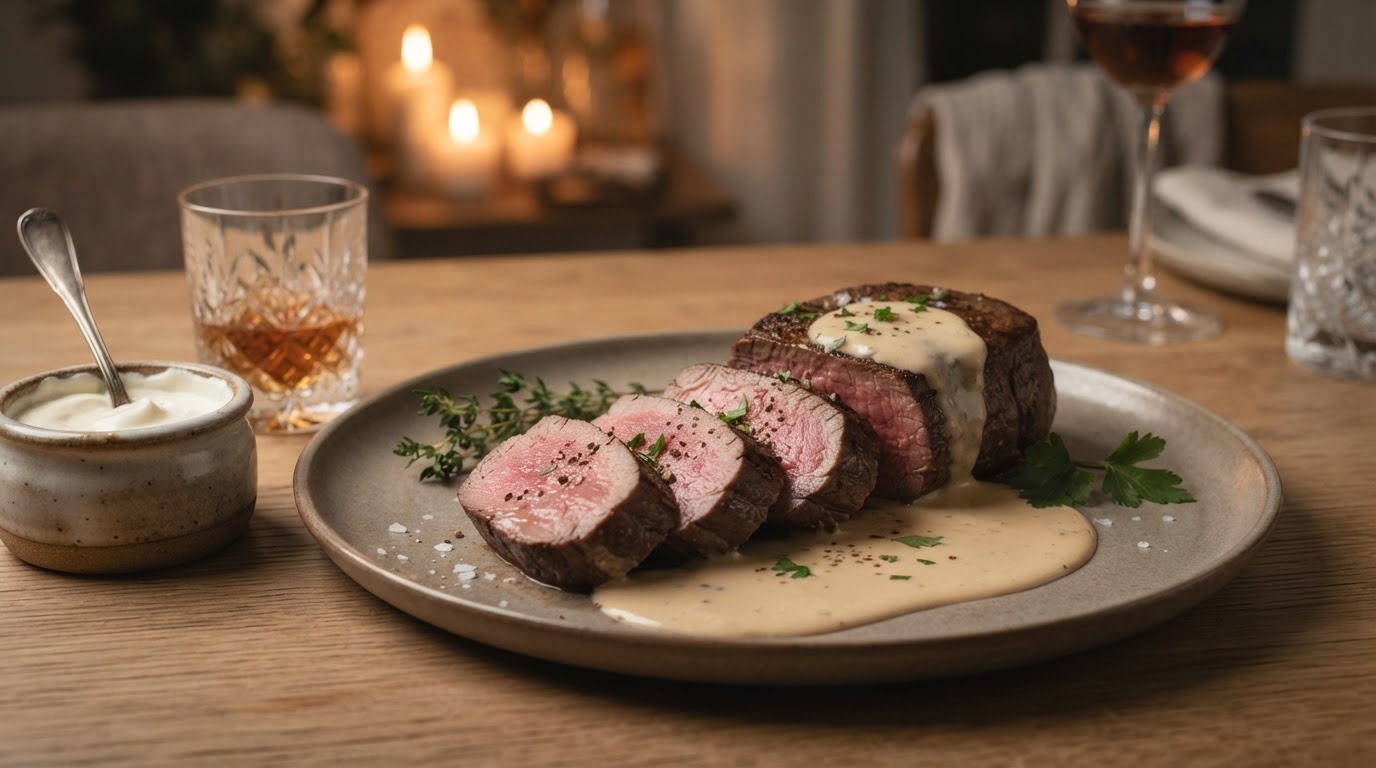 Haasbiefstuk met crème fraichesaus