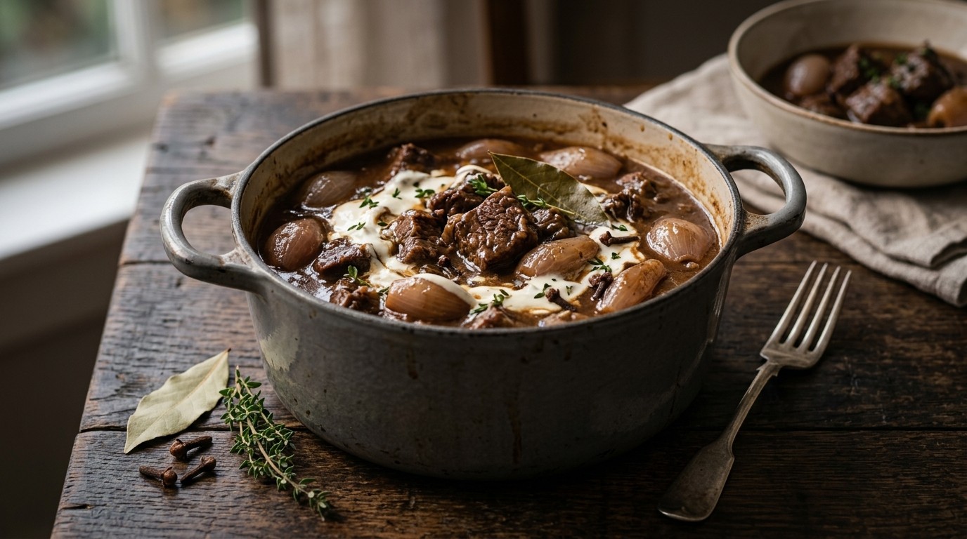 Hachee van runderlappen met sjalotjes, kruidnagel en creme fraiche