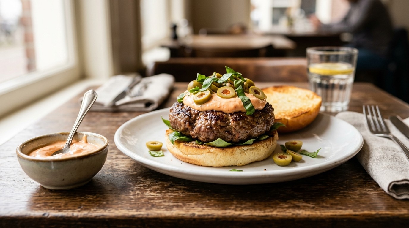 Hamburger speciaal met groene olijven en basilicum