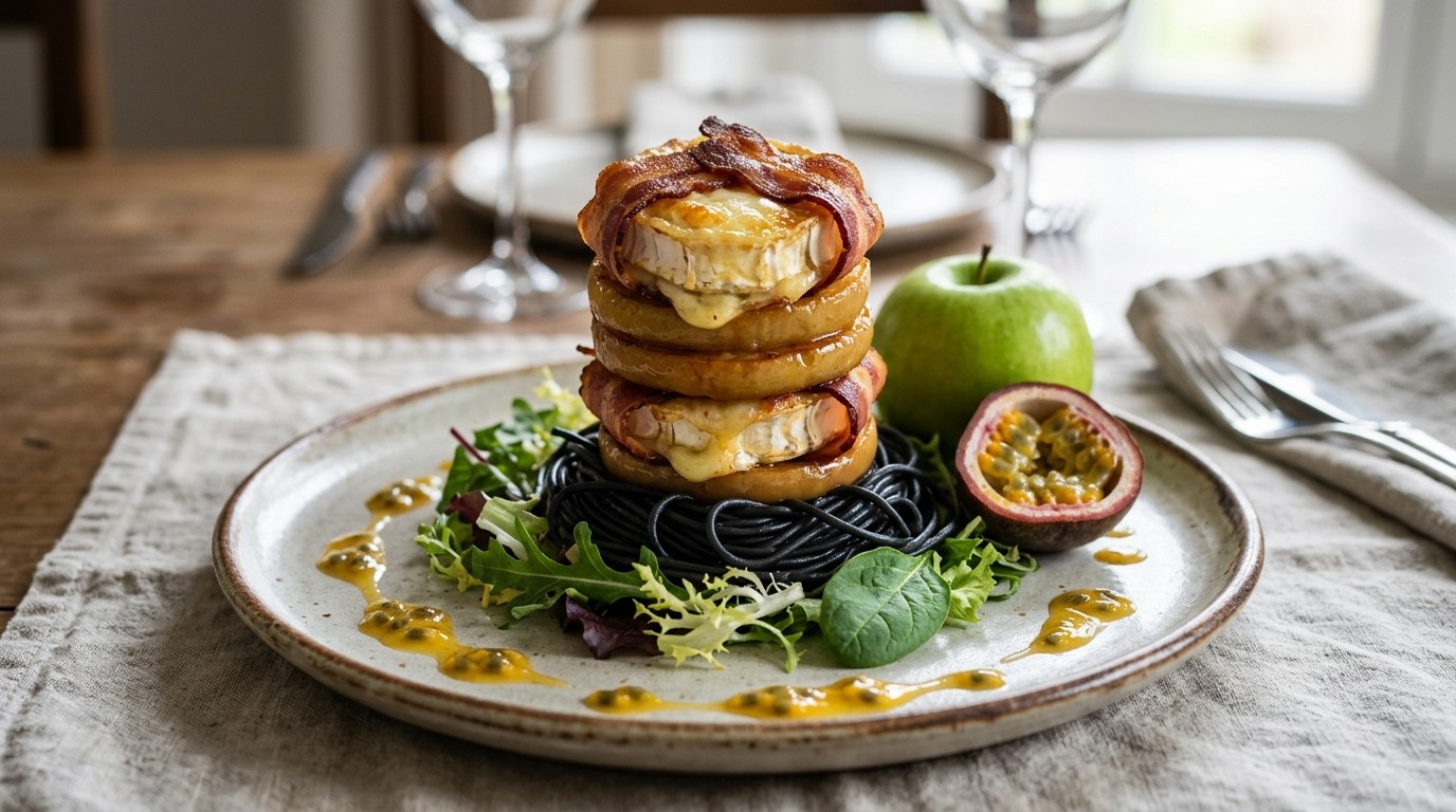 Hamburger van geitenkaas, spek, gebakken appel en een dressing