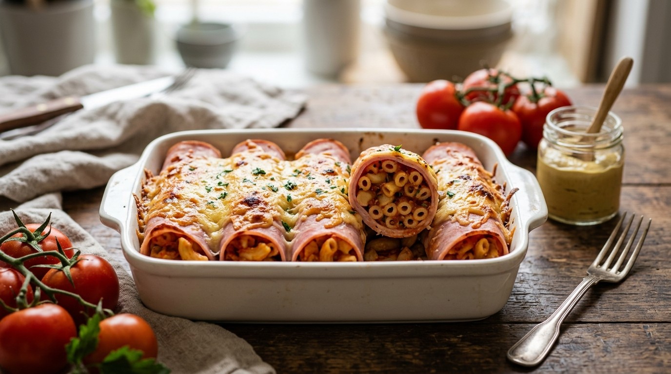 Hamrolletjes met macaroni en tomaat