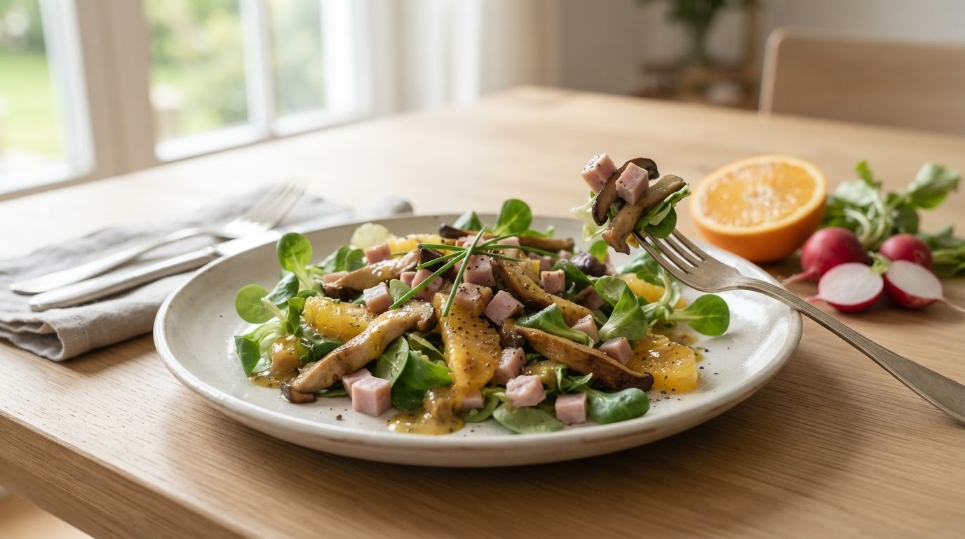 Hamsalade met kastanjechampignons