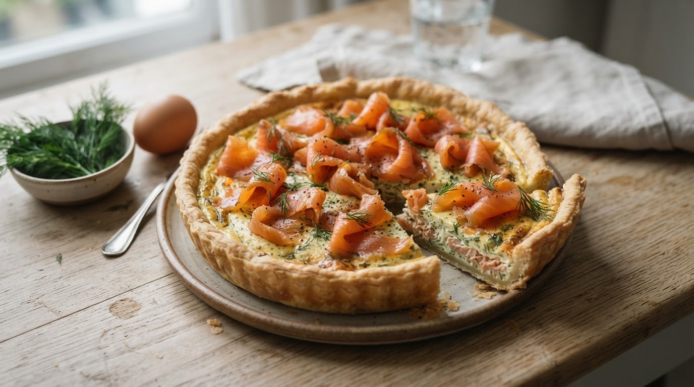 Hartige taart met gerookte zalm