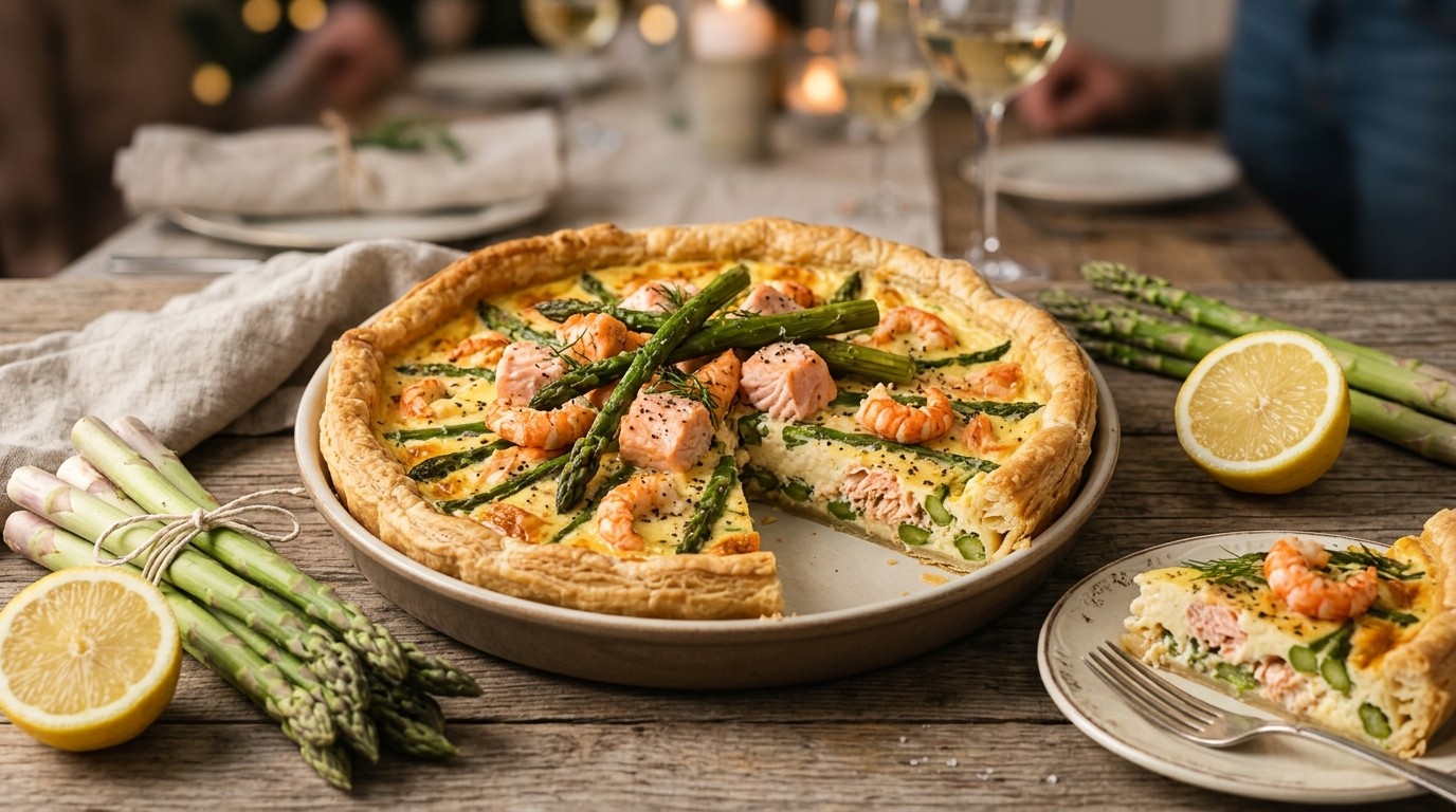 Hartige Taart met Groene Asperges, Zalm en Langoustines