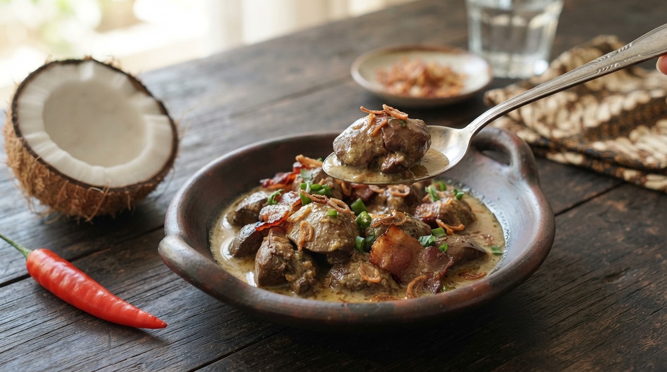 Hati ajam goreng (kippenlever en rookspek met kokosmelk)