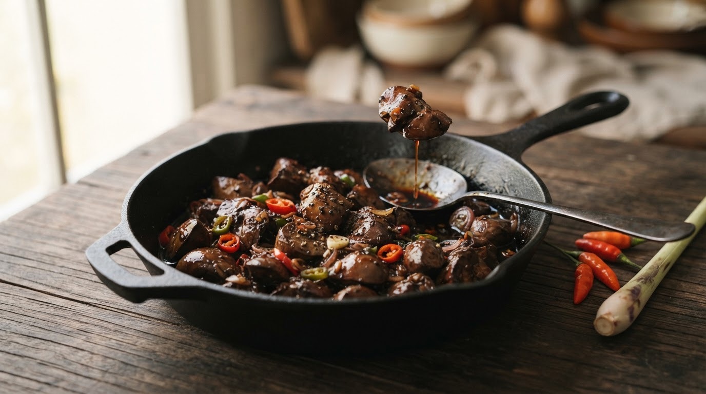 Hati ajam ketjap pedis (gebakken kippenlever in hete ketjapsaus)