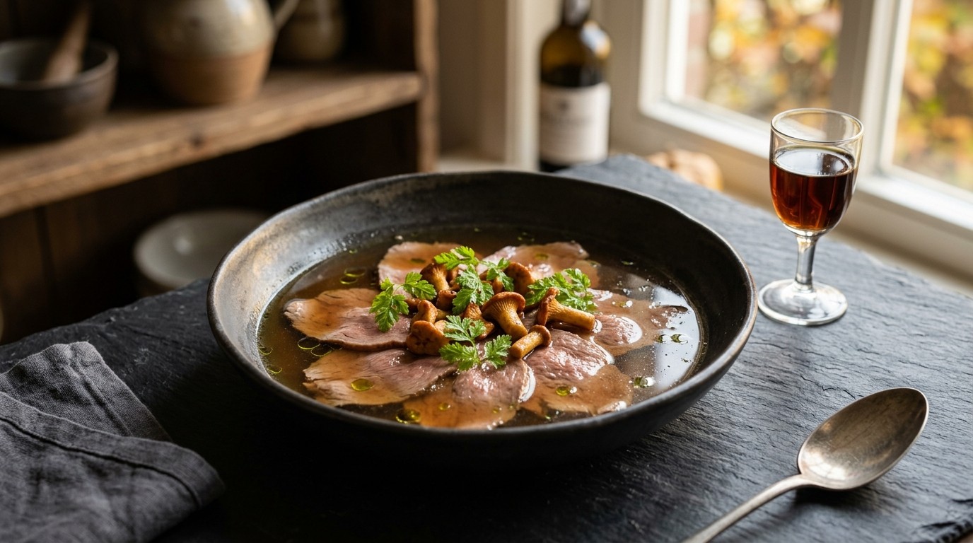 Hert carpaccio in wildbouillon met cantharellen en kervel