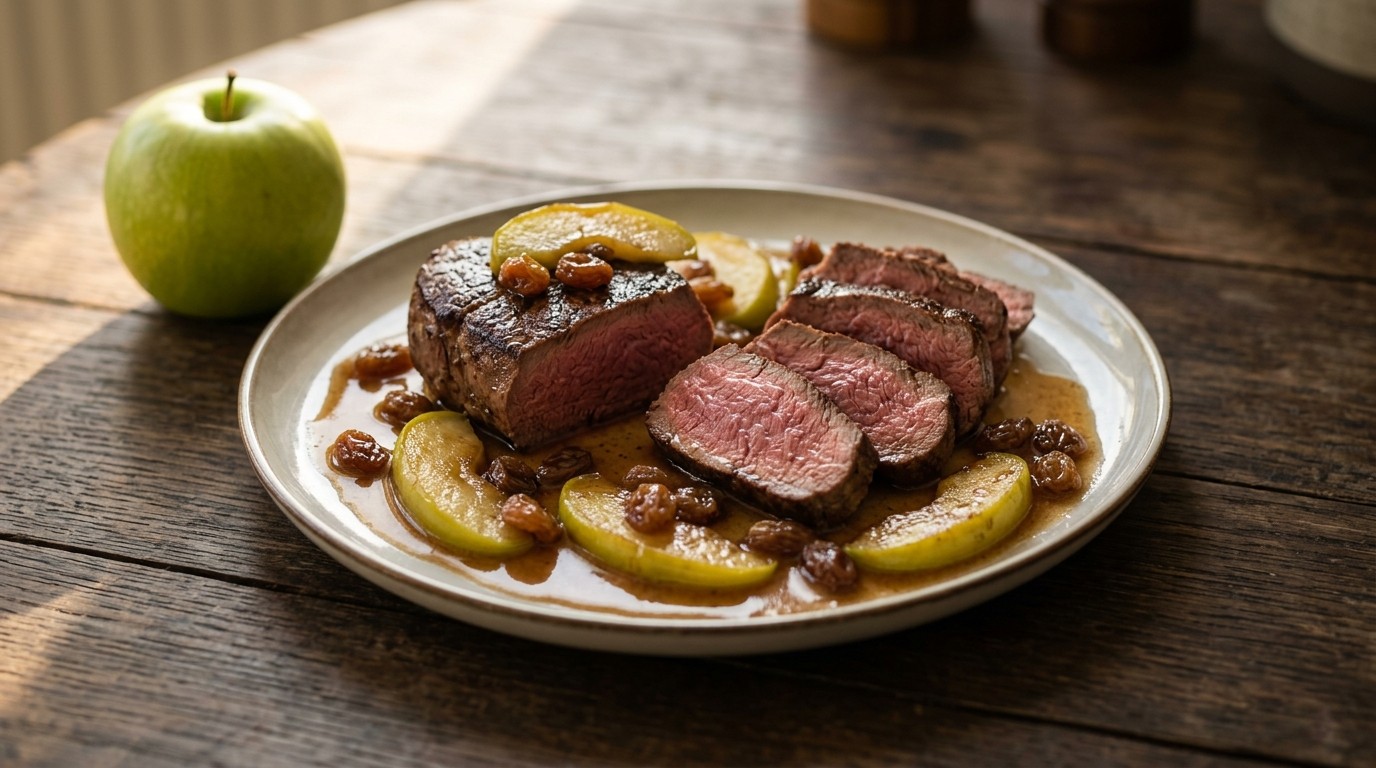Hertenbiefstuk met Appel en Rozijnen