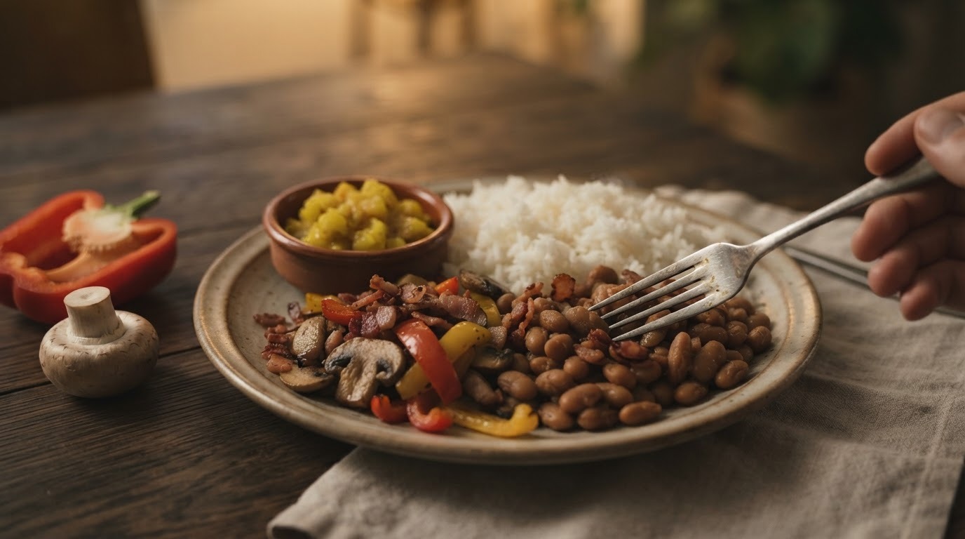 Hollandse rijsttafel met bruine bonen en spek
