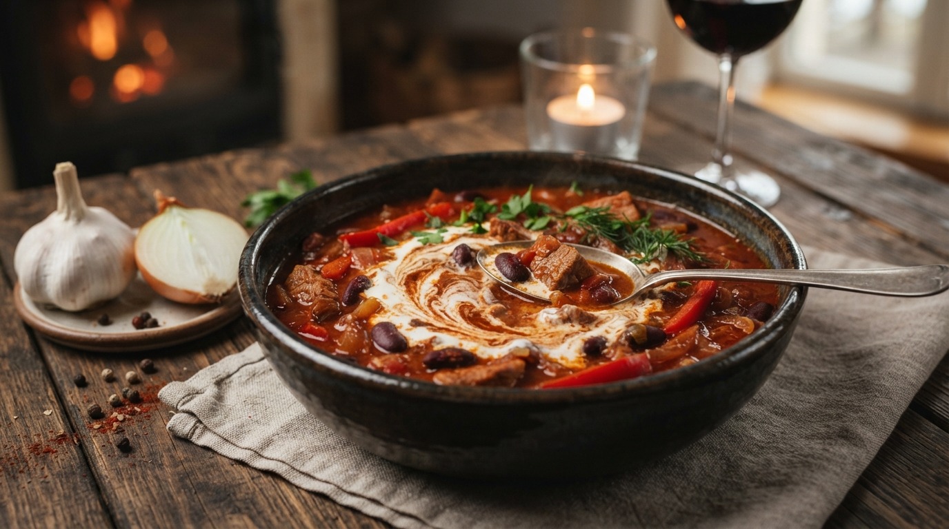 Hongaarse goulash met kidneybonen en rode paprika
