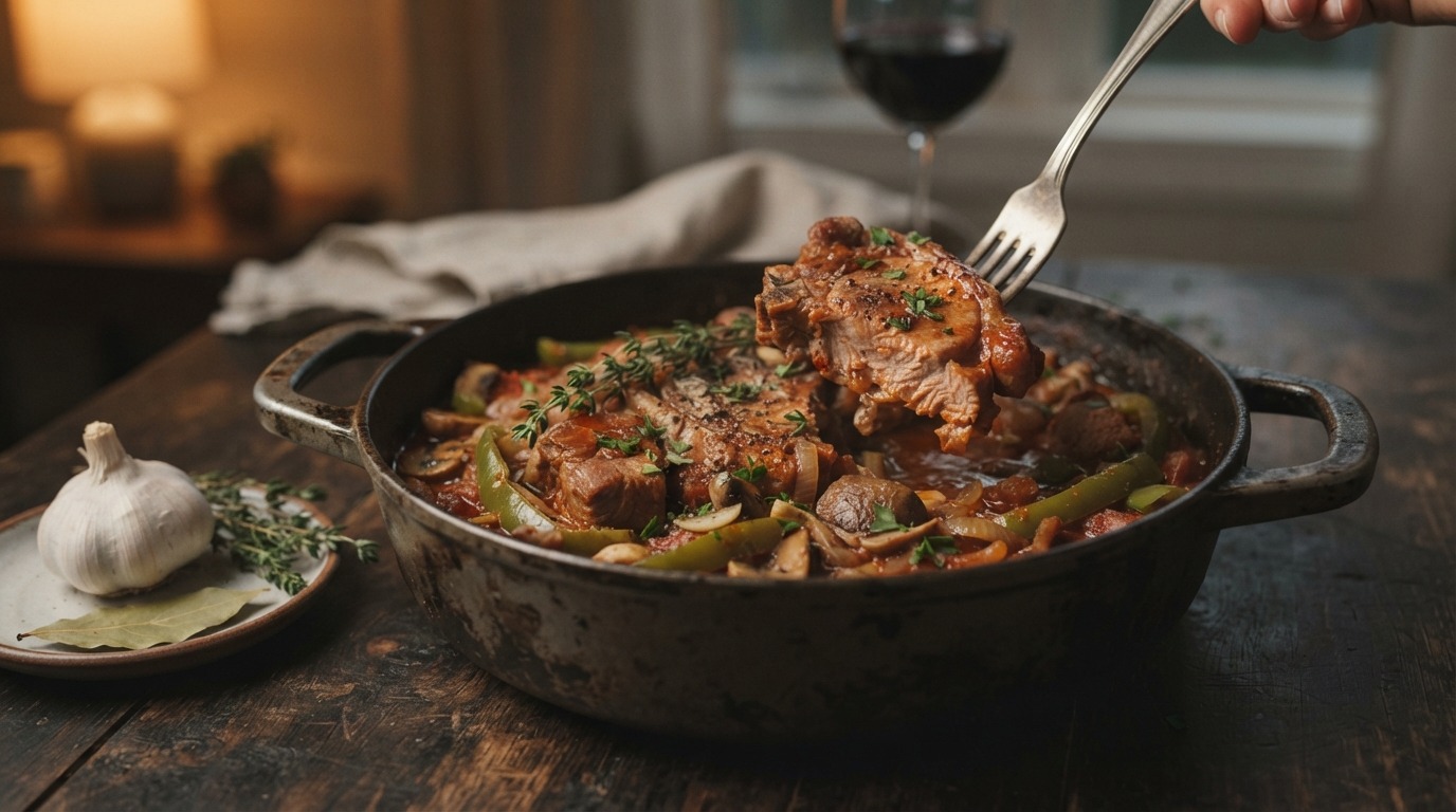 Hongaarse Goulash met schouderkarbonade, groene paprika , tomaten en tijm