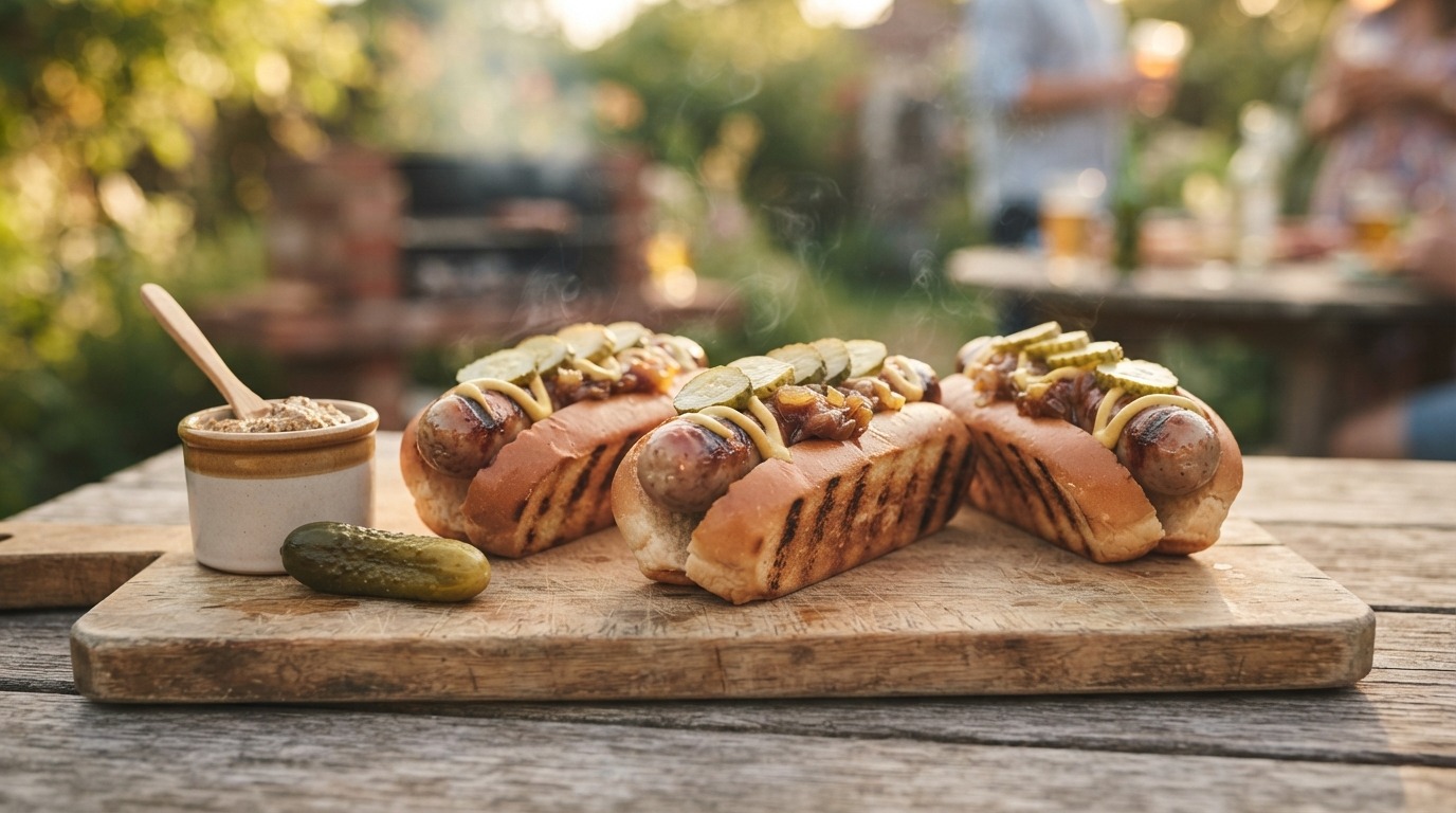 Hotdogs met mosterd op de barbecue